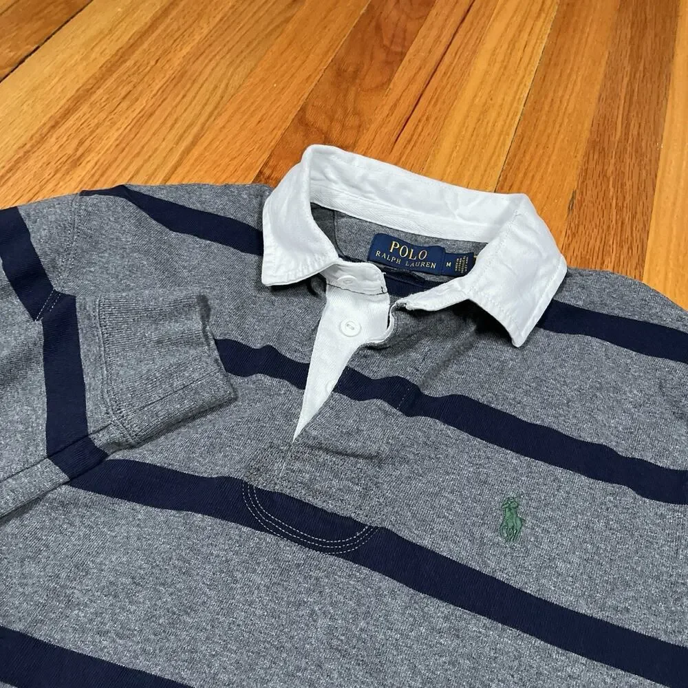 Iconic Rugby Shirt Polo Ralph Lauren Men's Medium Classic Fit Grey Blue Stripes